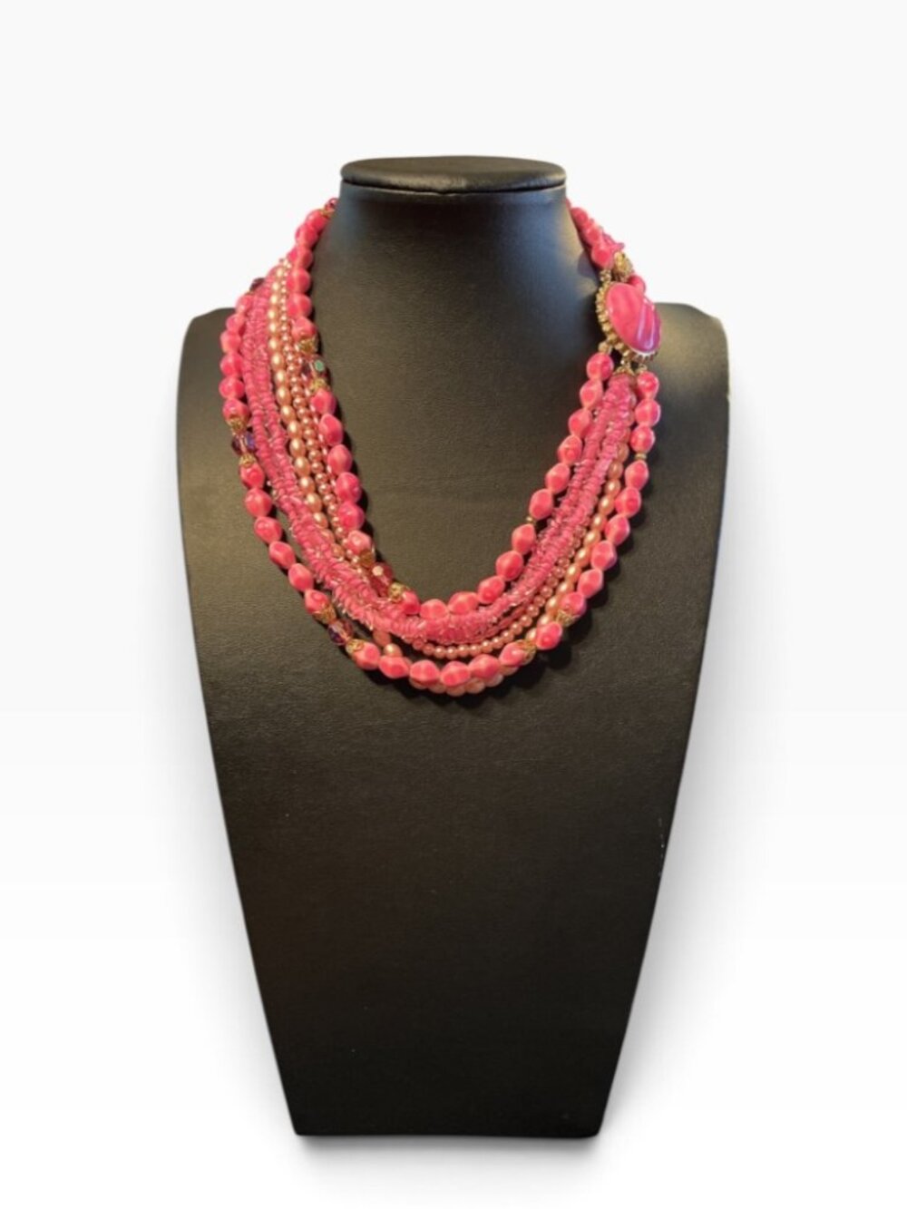 Vintage 7 Strand Pink Beaded Necklace Glass Acrylic Faux Pearl Statement